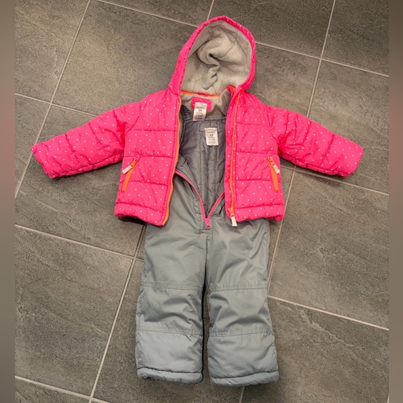 USED 24mo girls puffy snowsuit, Carter’s, pink/gray winter jacket & overalls - Picture 2 of 16